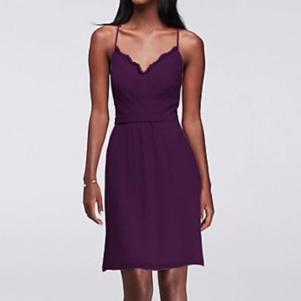 David's Bridal Plum Strap Chiffon Dress w/ Lace